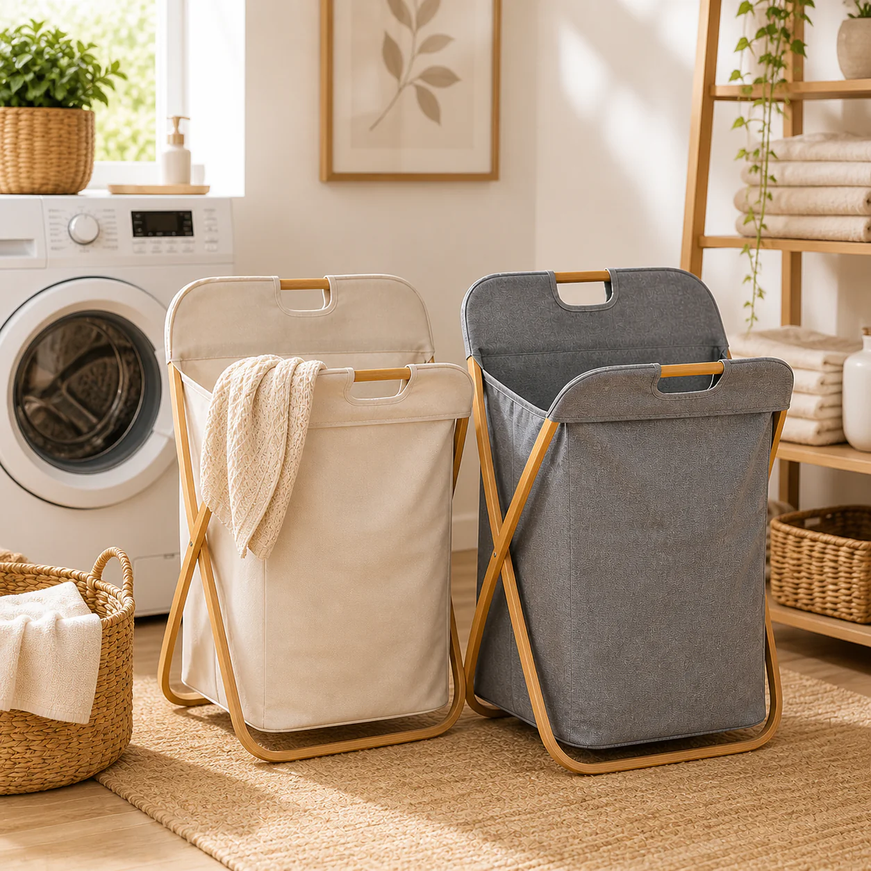 Basic Foldable Fabric Laundry Basket with Wooden Frame