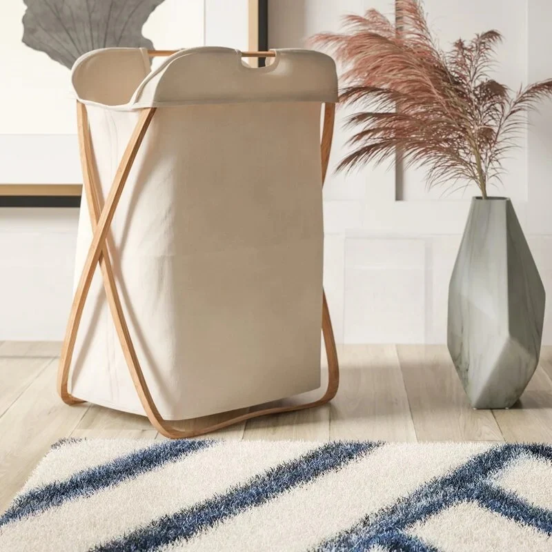 Basic Foldable Fabric Laundry Basket with Wooden Frame - Image 8