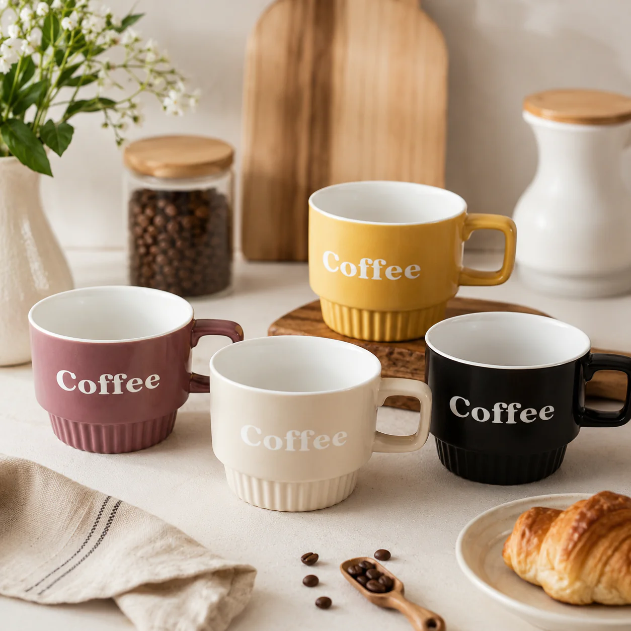 Minimalistic Ribbed Ceramic Coffee Mugs (350ml)