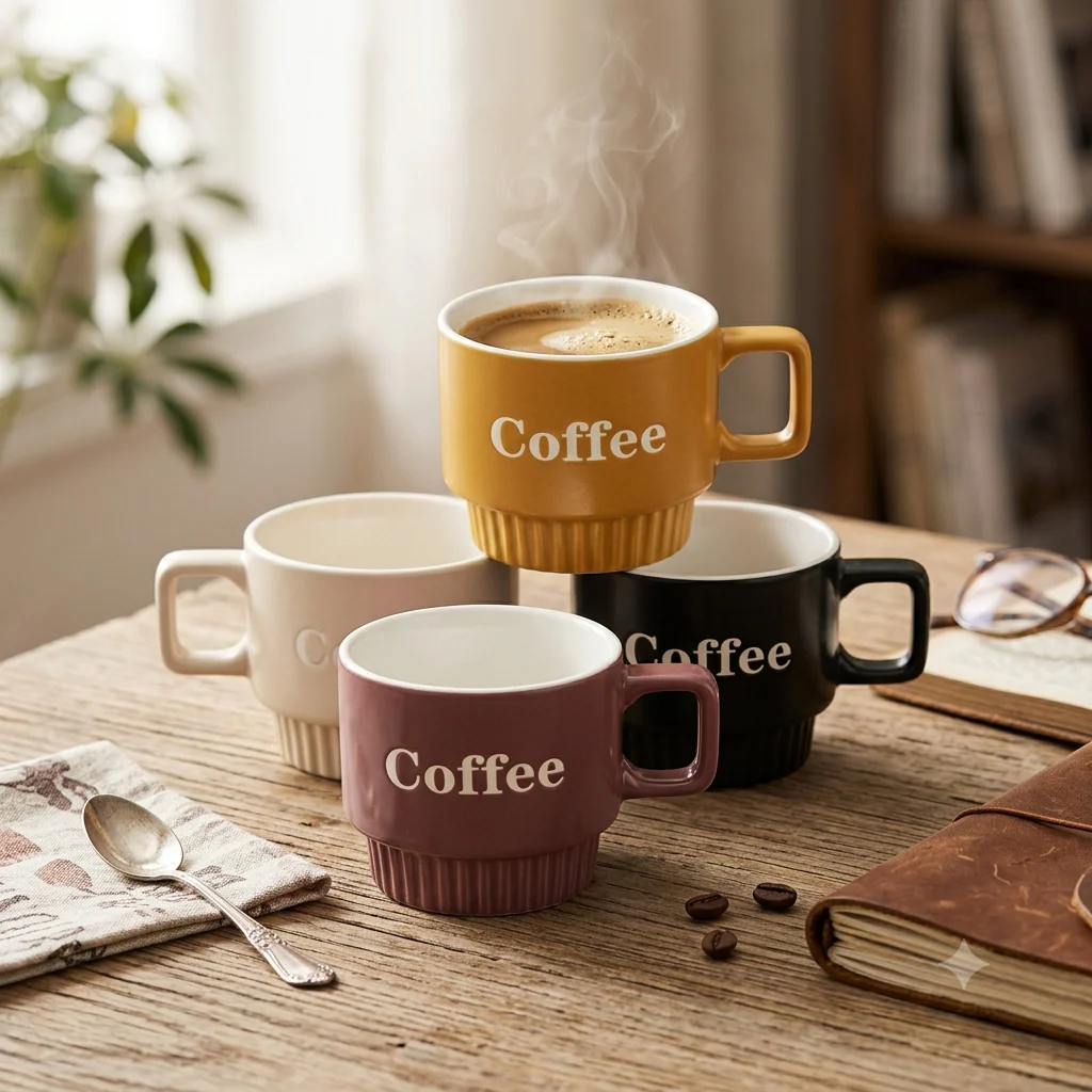 Minimalistic Ribbed Ceramic Coffee Mugs (350ml) - Image 2