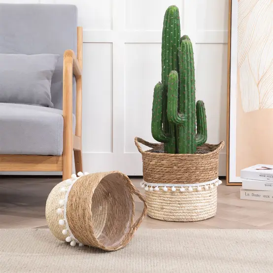 Pom Pom Woven Storage Basket with Handles