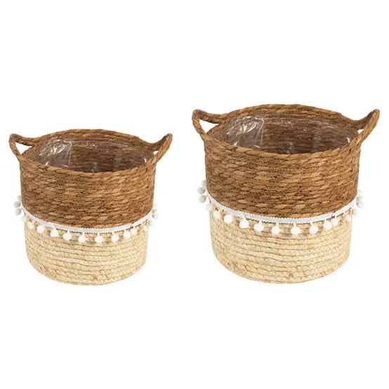 Pom Pom Woven Storage Basket with Handles - Image 2