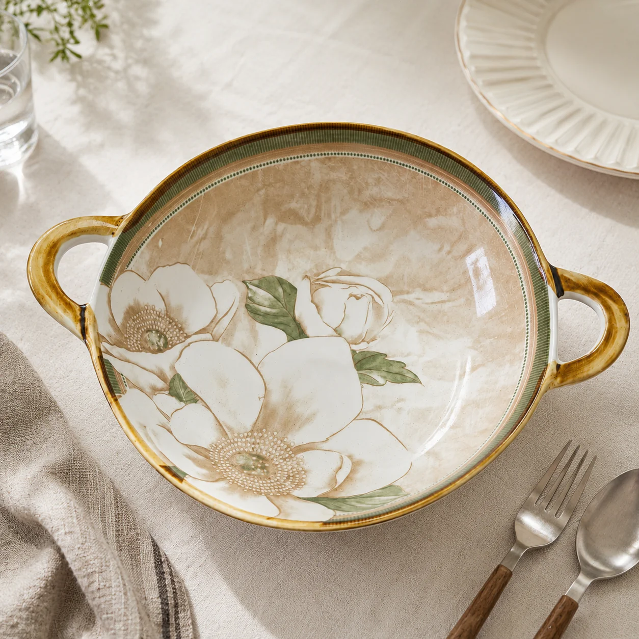 Floral Ceramic Serving Bowl with Handles (500ml) - Image 2