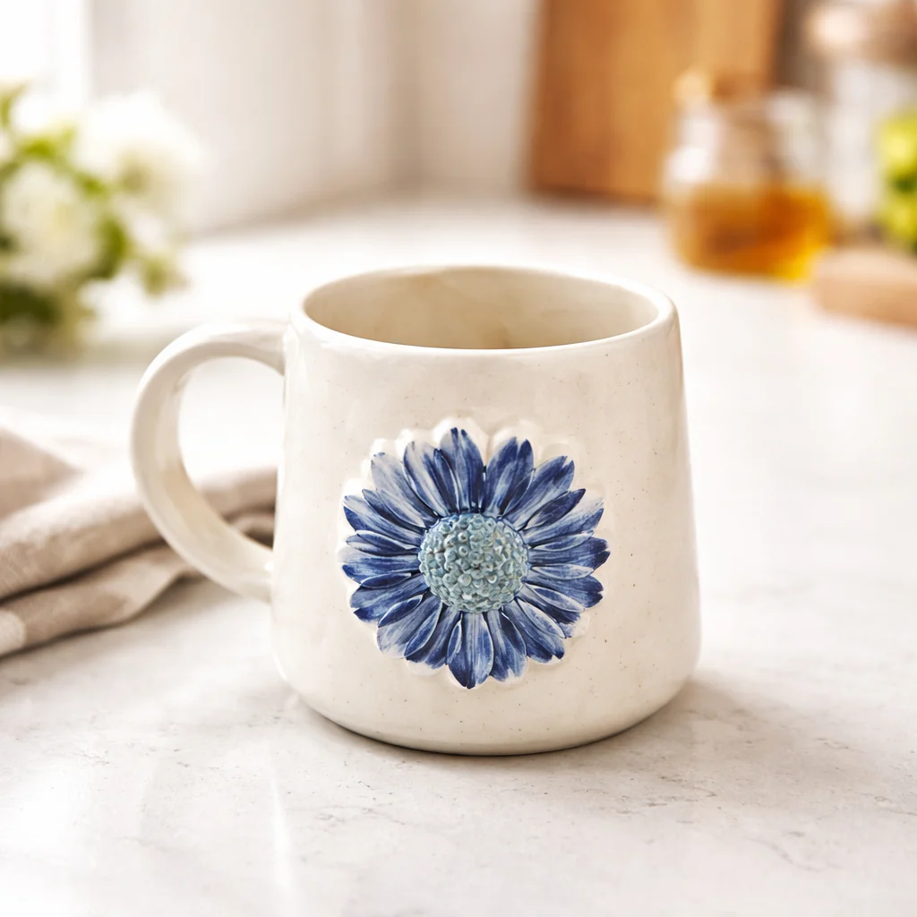 Handmade Ceramic Mug- Blue Sunflower - Image 2