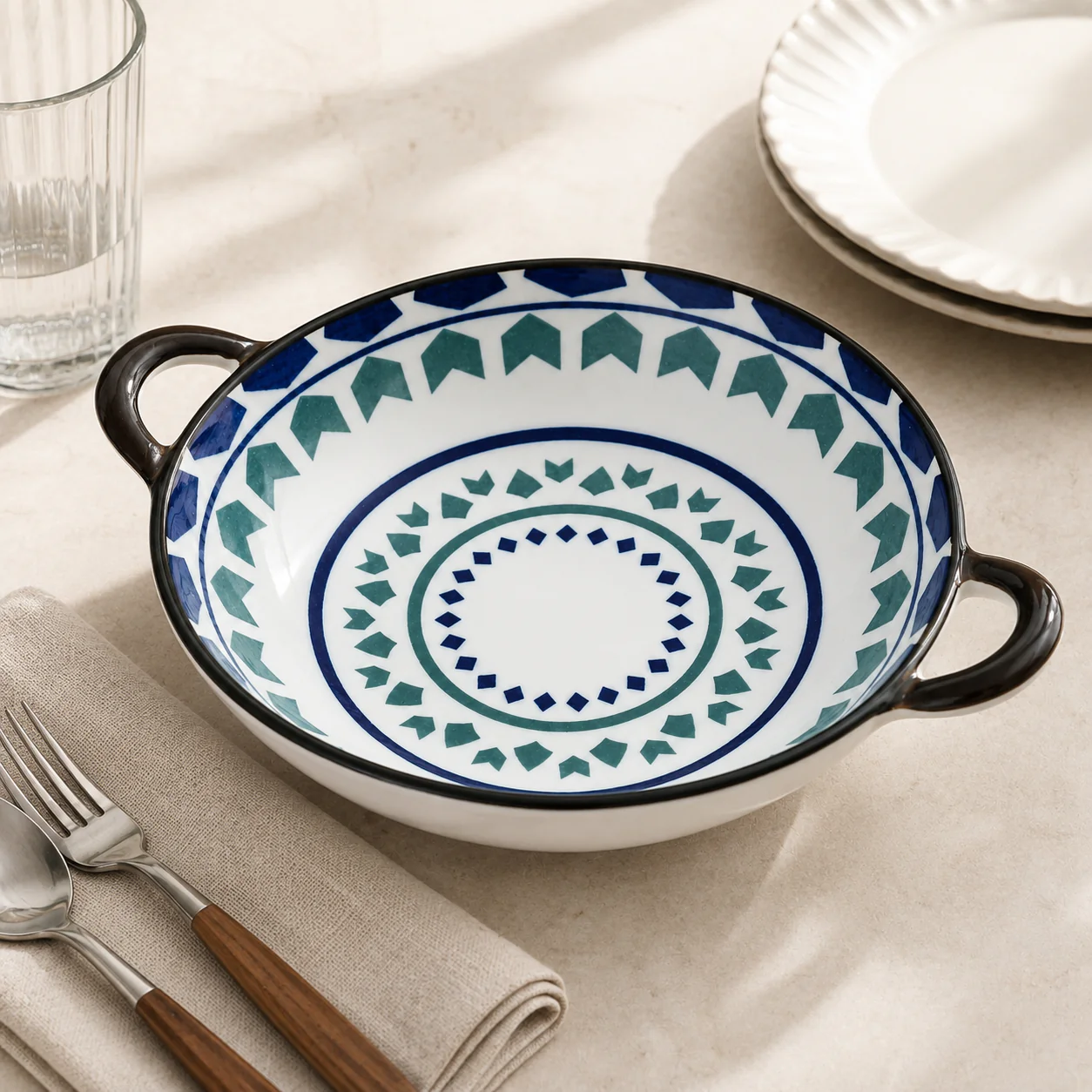 Mediterranean Ceramic Serving Bowl with Handles (500ml)