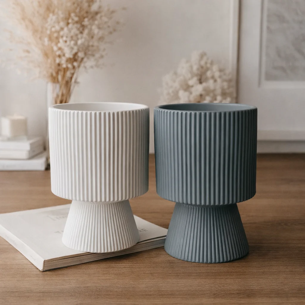 Tall Ribbed Ceramic Planter Pot with Pedestal Base