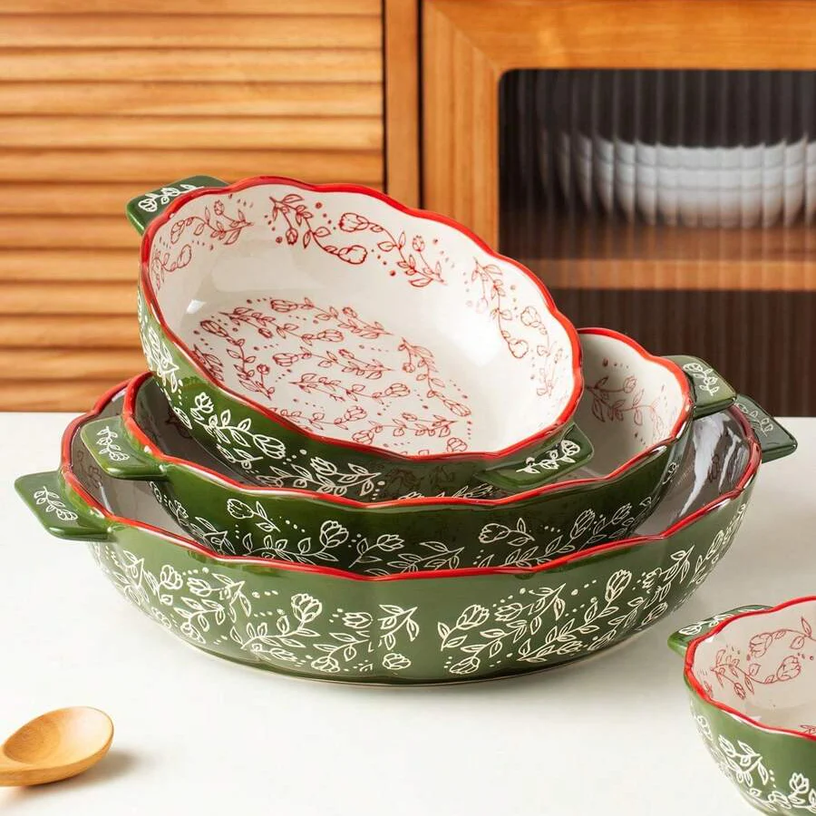 Floral Ceramic Round Bakeware Dish with Handles