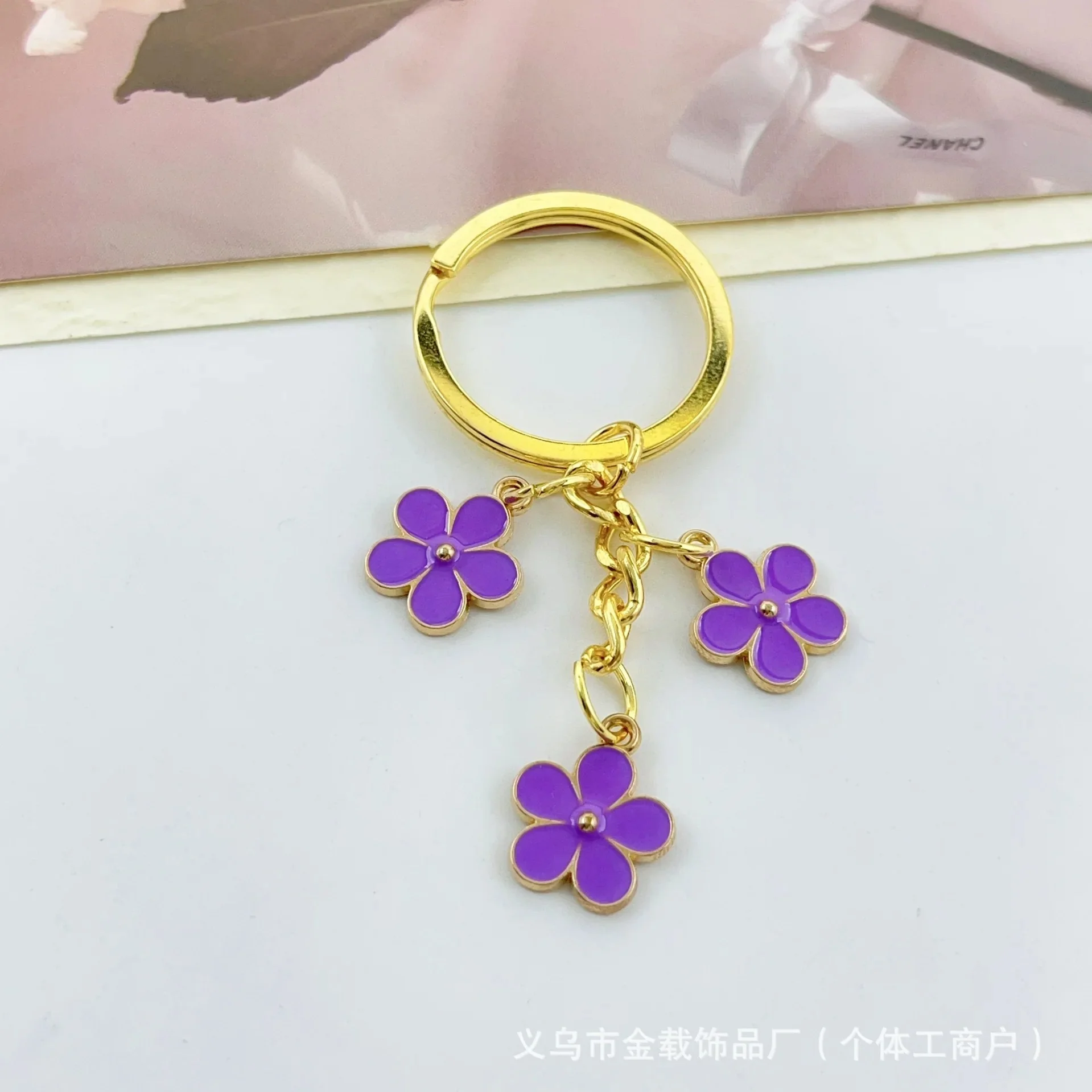 Handmade Floral Charm Keychain with Gold-Tone Ring - Image 4