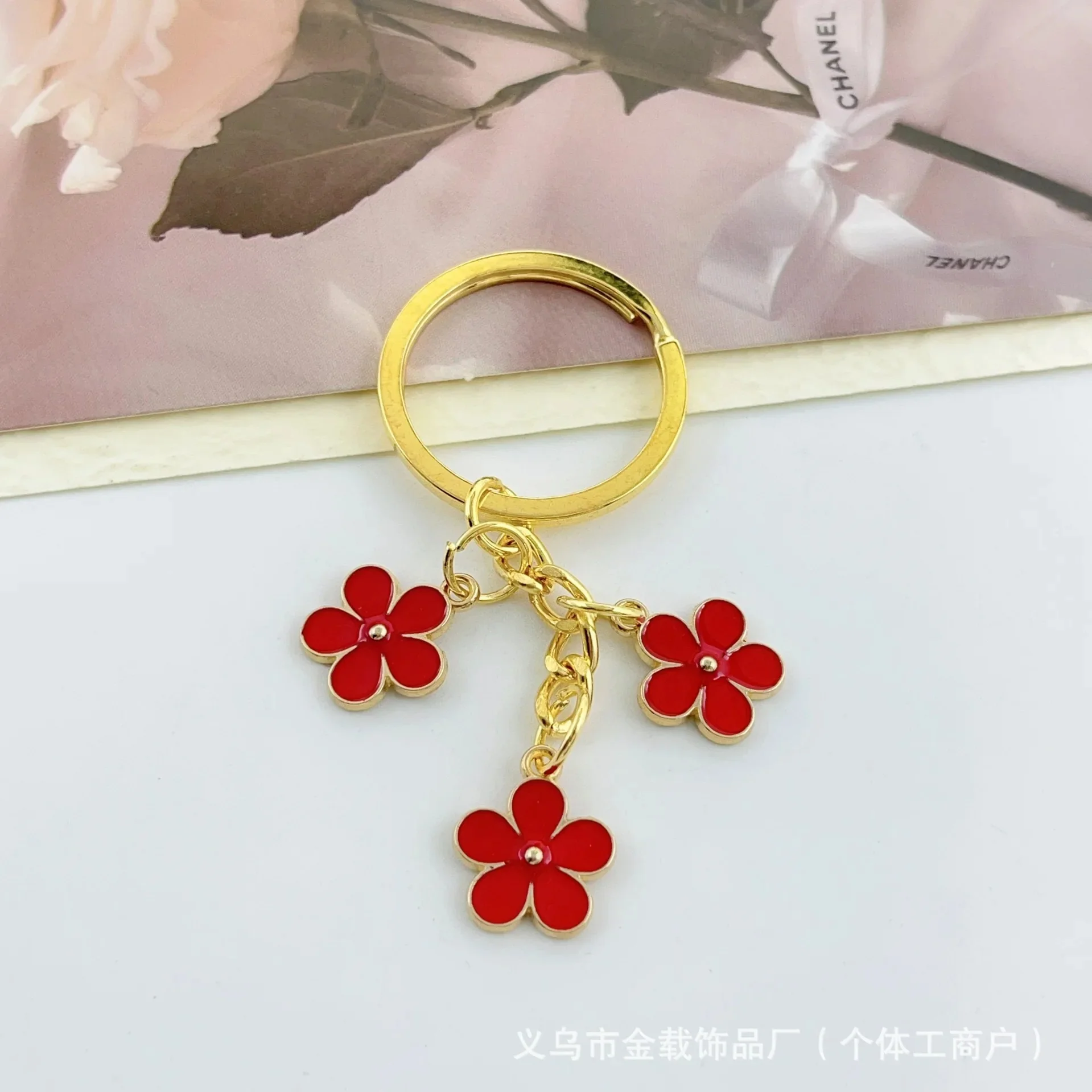 Handmade Floral Charm Keychain with Gold-Tone Ring - Image 5