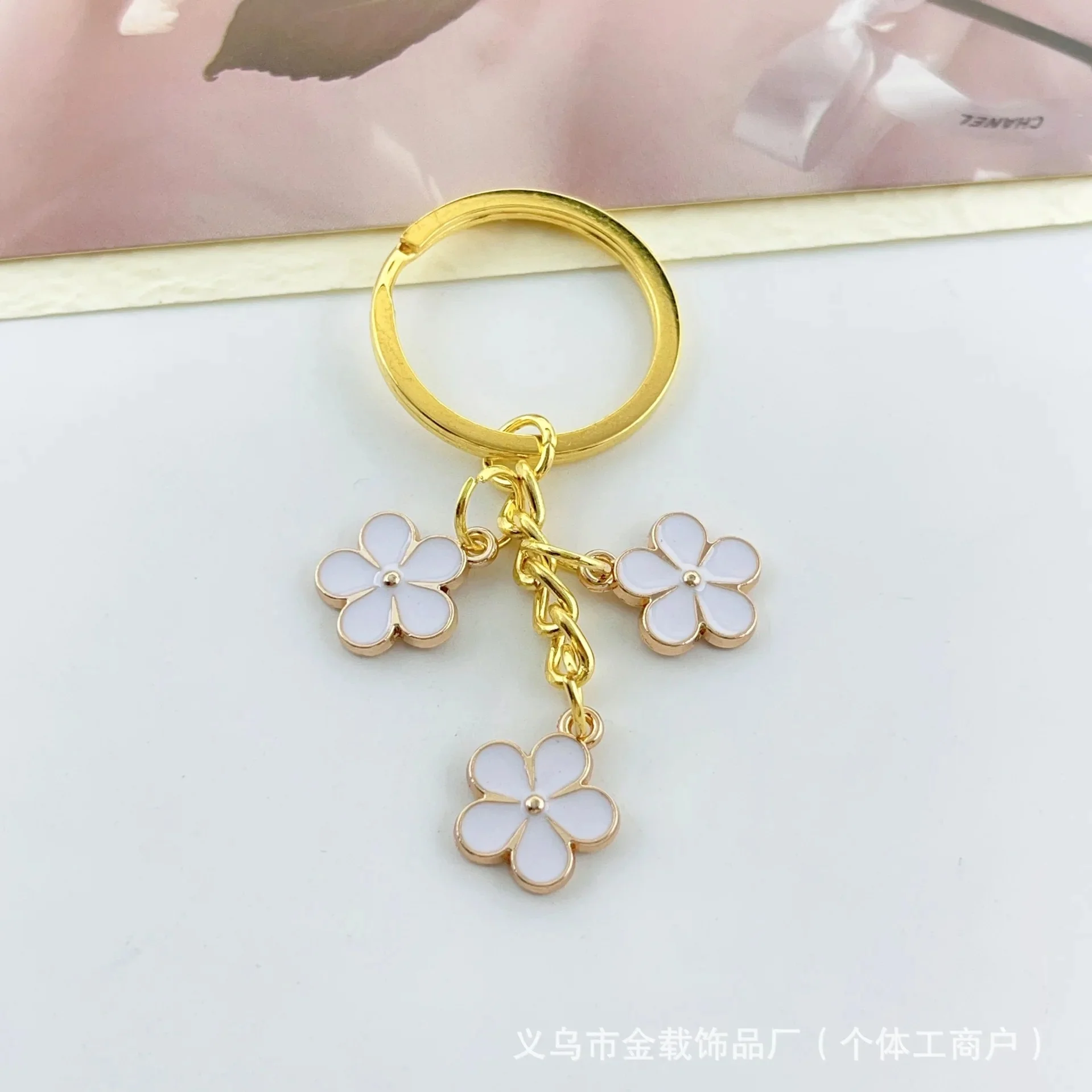 Handmade Floral Charm Keychain with Gold-Tone Ring - Image 7
