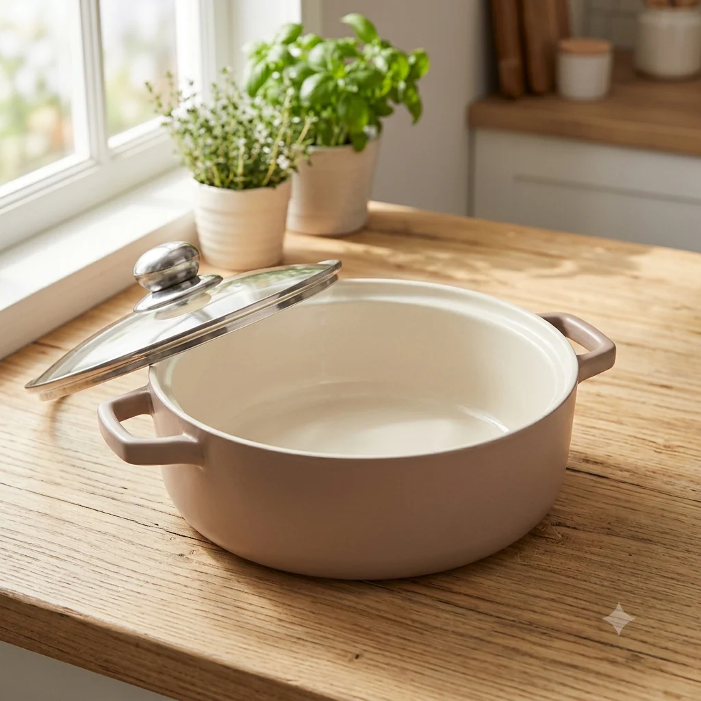 Stone Beige Ceramic Casserole Pot with Glass Lid - Image 2