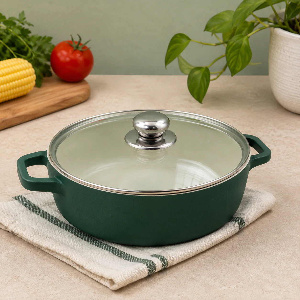 Emerald Ceramic Casserole Pot with Glass Lid