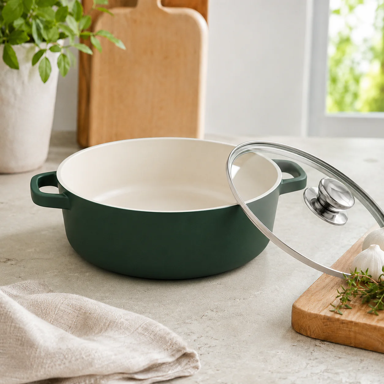 Emerald Ceramic Casserole Pot with Glass Lid - Image 2
