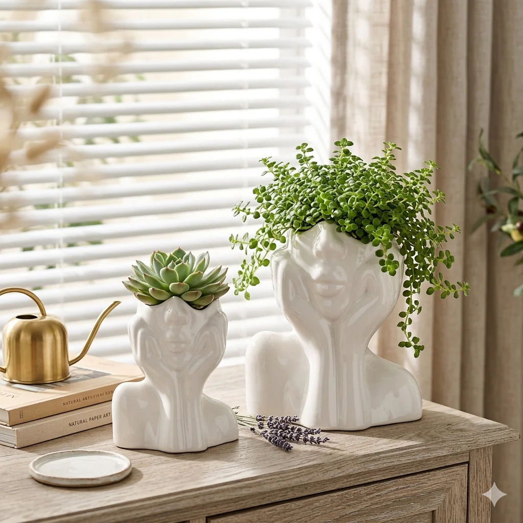 Abstract Face Hands Ceramic Vase